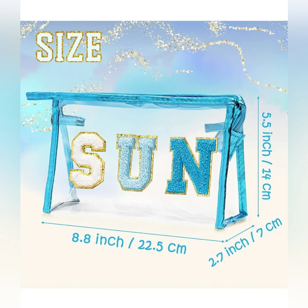 NEW SUN Varsity Letter Cosmetic Makeup Bag Felt Letters on Clear PVC